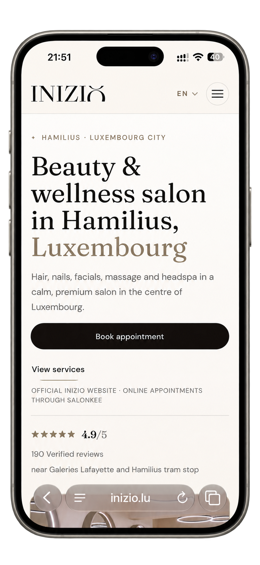 INIZIO mobile homepage on an iPhone